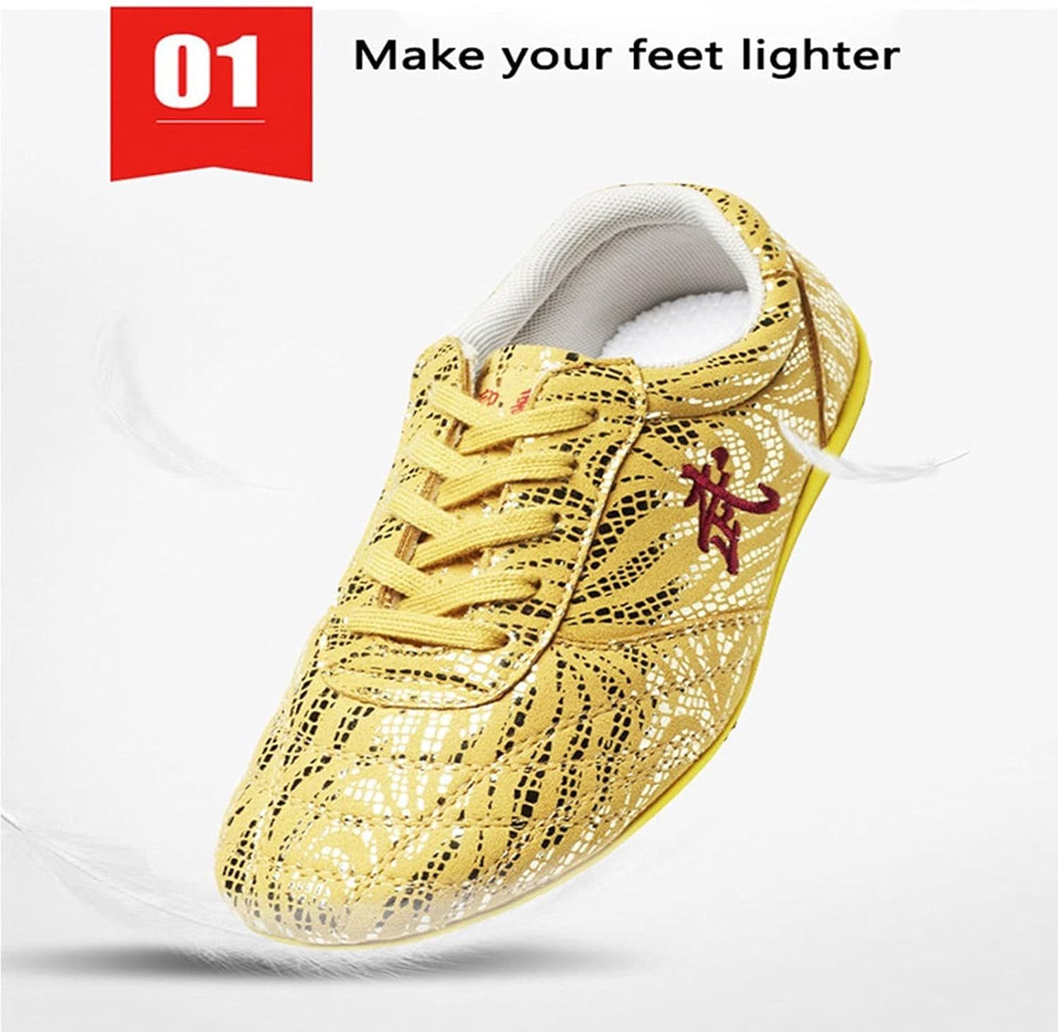 fayengan Martial Arts Shoes, Unisex Tai-Chi Sneakers Adults Kids Classic Kung Fu Shoes Canvas Anti-Slip Fashion Qigong Trainers (Color : Gold, Size : 46 EU)