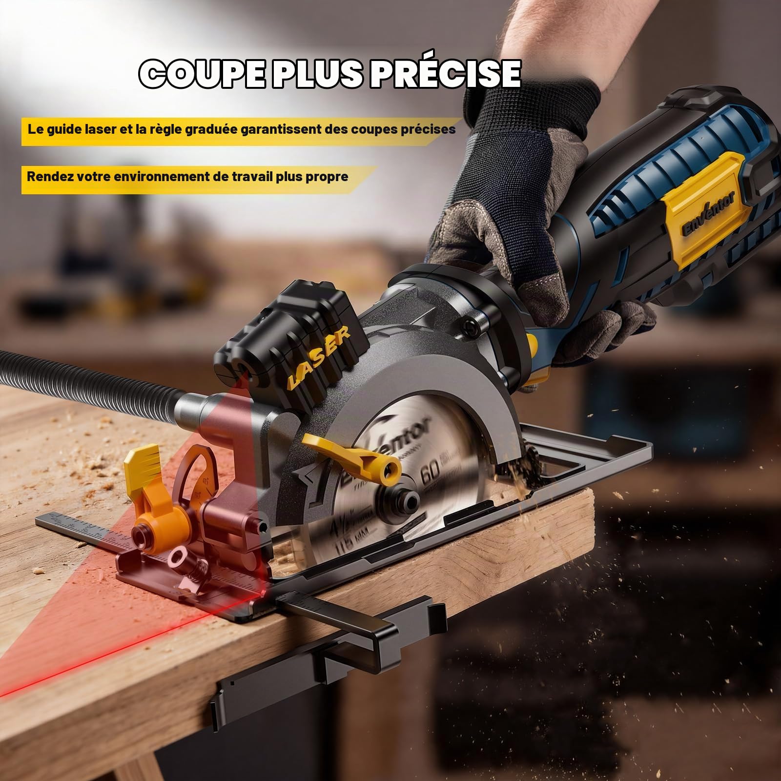 Enventor Mini scie circulaire avec guidage laser, 705W, 6 Lames(115mm)