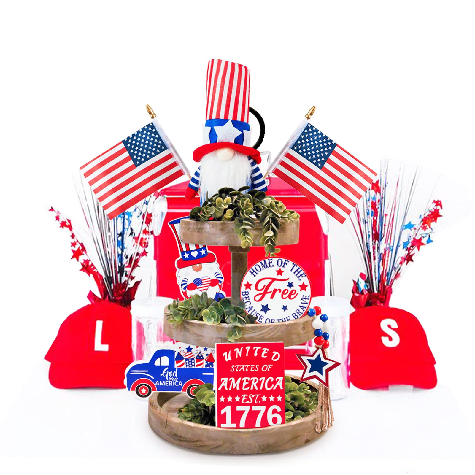 Youding 4th of July WoodenTray Ornaments, Farmhouse Wood Sign Tiered Tray Decor Set, Americana Red White Blue Memorial Day 4th of July Decor Summer Kitchen Home Table Mini Decor