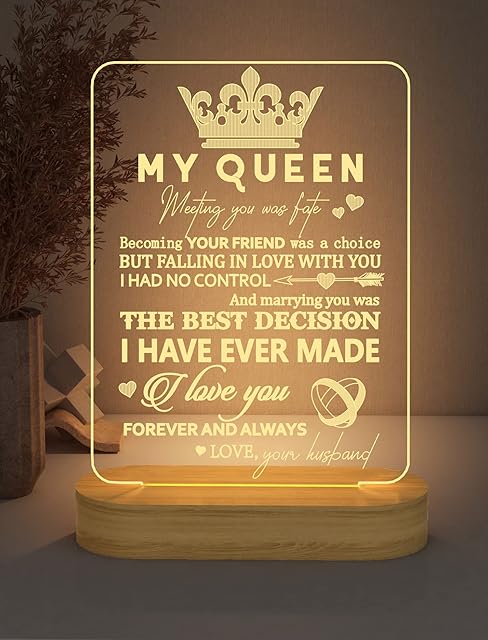 to My Wife Gifts from Husband, I Love You Forever My Queen LED 3D Night Light Illusion Lamp for Women Girlfriend Birthday Anniversary Valentine's Day Present