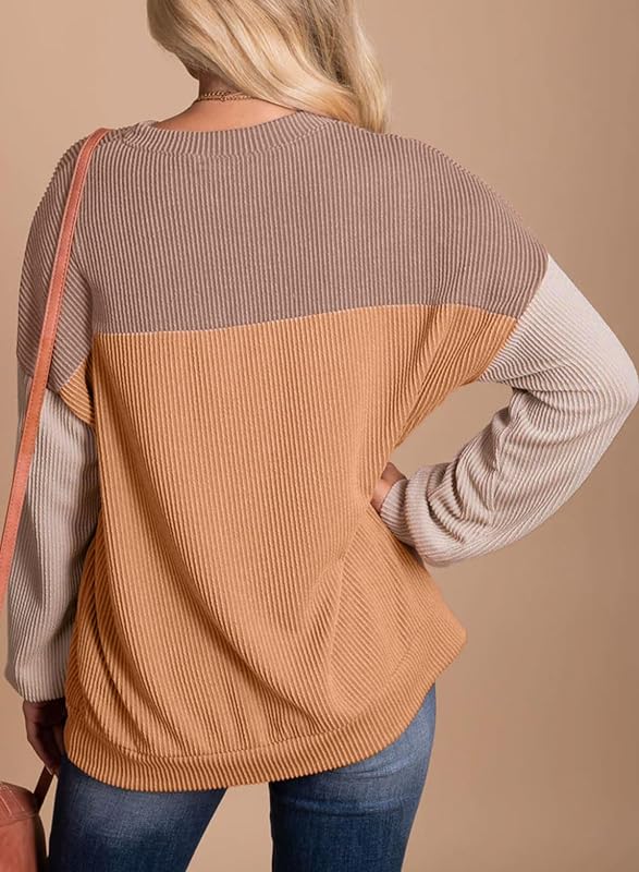 Dokotoo Plus Size Tops for Women Trendy Fashion Clothing Fall Summer Crewneck Long Sleeve Shirts Business Casual Outfits Loose Comfy Color Block Cute Sweatshirt Knitted Tunic Blouse Khaki XX-Large image 2