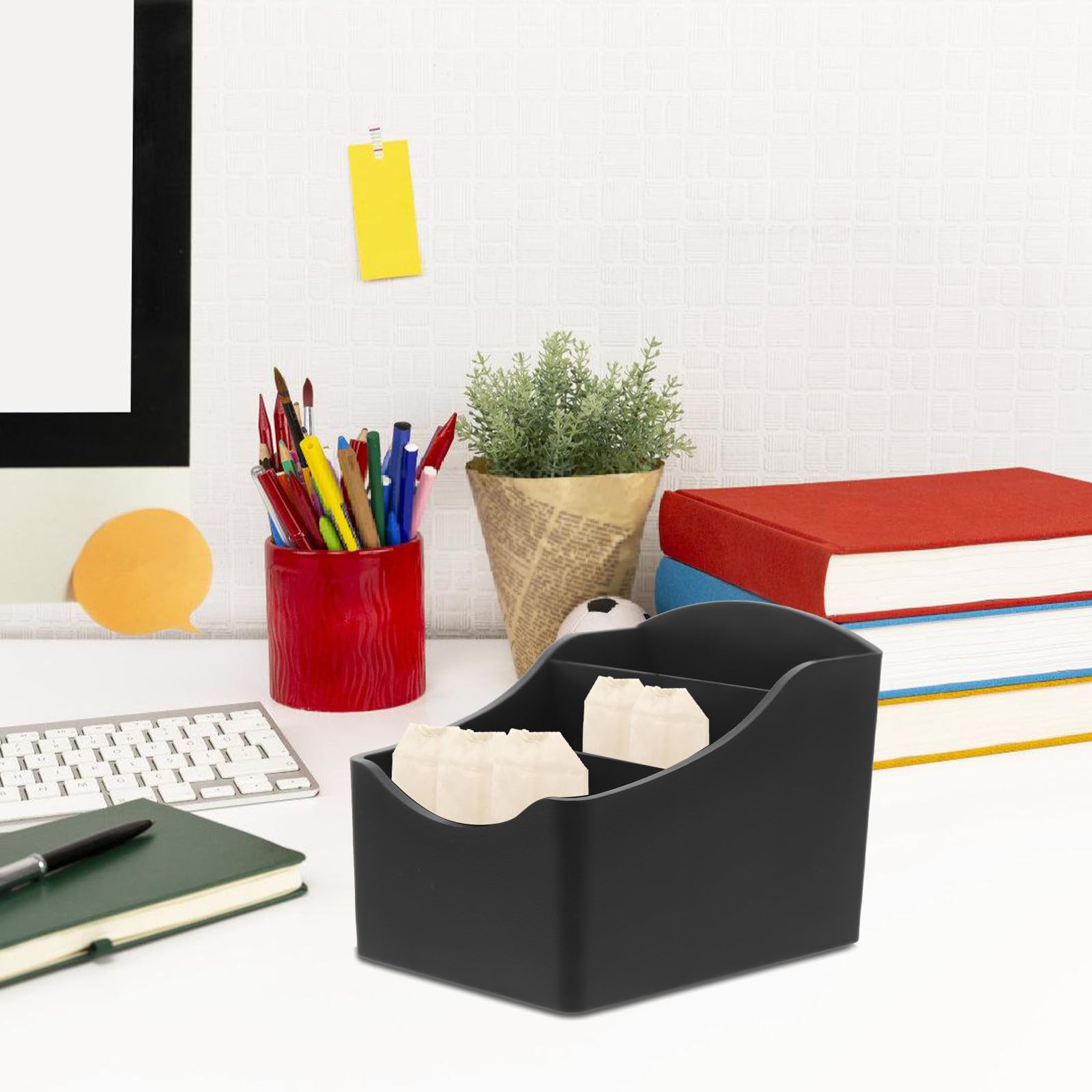 Organizador de Bolsas de Té y Azúcar de Mostrador, Caja de Almacenamiento de 3 Compartimentos en Abs Negro, Porta Bolsitas Pequeño para Cocina y Cafetería, Soporte Multifunción