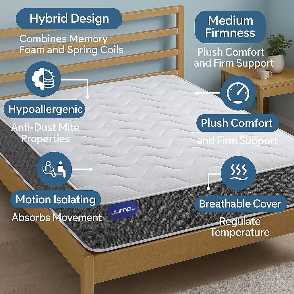 Jumpi - 4FT6 Double Hybrid Mattress – 6 Inch Deep Memory Foam and Spring Mattress | Orthopaedic Medium Firm Bed | Breathable, Hypoallergenic | Back Support & Pressure Relief | UK Made image 3