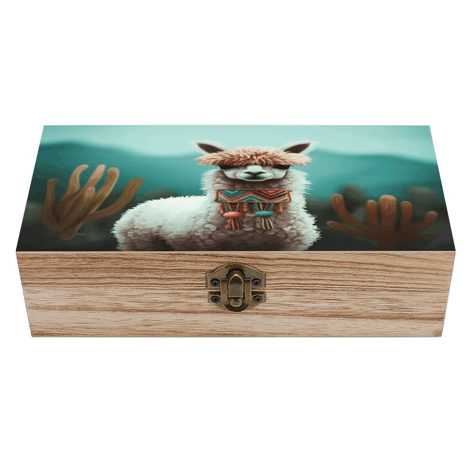 VstaDank Alpaca_78176337 Wooden Storage Box Wooden Keepsake Box with A Hinged Lid Fashion Memory Treasure Boxes Decorative Jewelry Case for Crafts Photo Home Decor Wood Gift Box