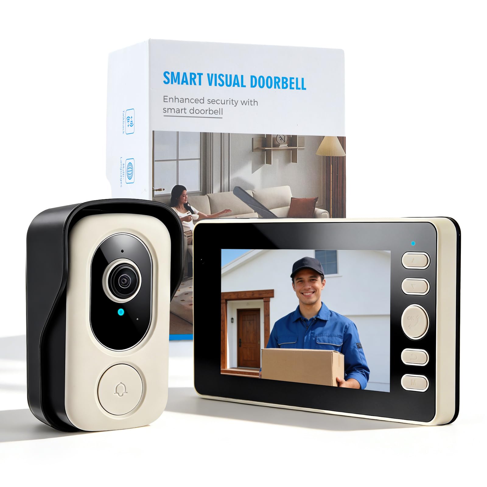 Timbre de puerta con cámara y monitor, timbre de vídeo con función de diálogo y función de visión nocturna, IP65 resistente al agua, pantalla de 4,3 pulgadas, timbre inalámbrico con cámara