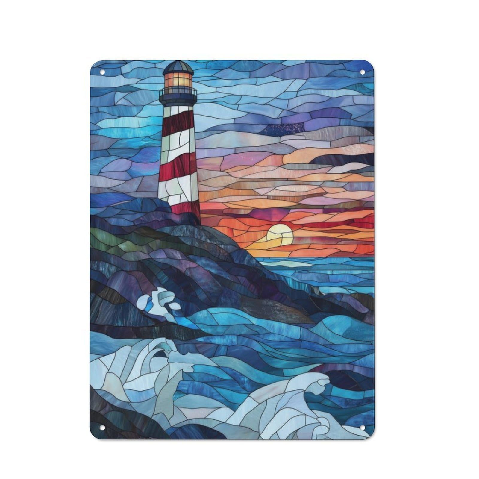 Junmoney Stained Glass Lighthouse Sunset Vintage Tin Sign 40X30cm With For Garage Wall, Suited To People Furnishing A Garage
