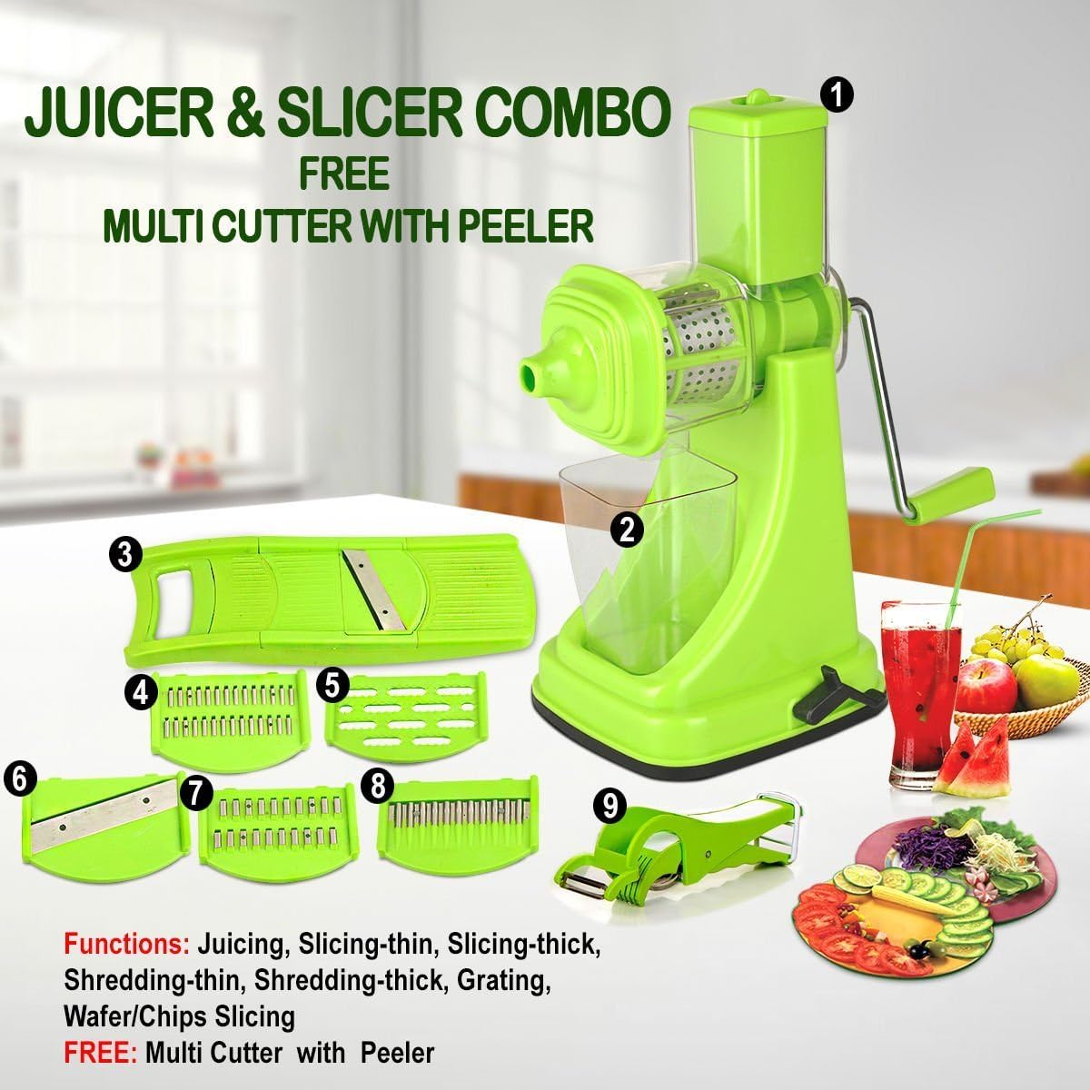 Chefzone Fruit & Vegetable Fruit & Vegetable Manual Juicer Mixer Grinder,6 In 1 Multi-Purpose Fruit & Vegetable Slicer with Built-in Blades & Multi Veg Cutter With Peeler (Green, Set of 9)