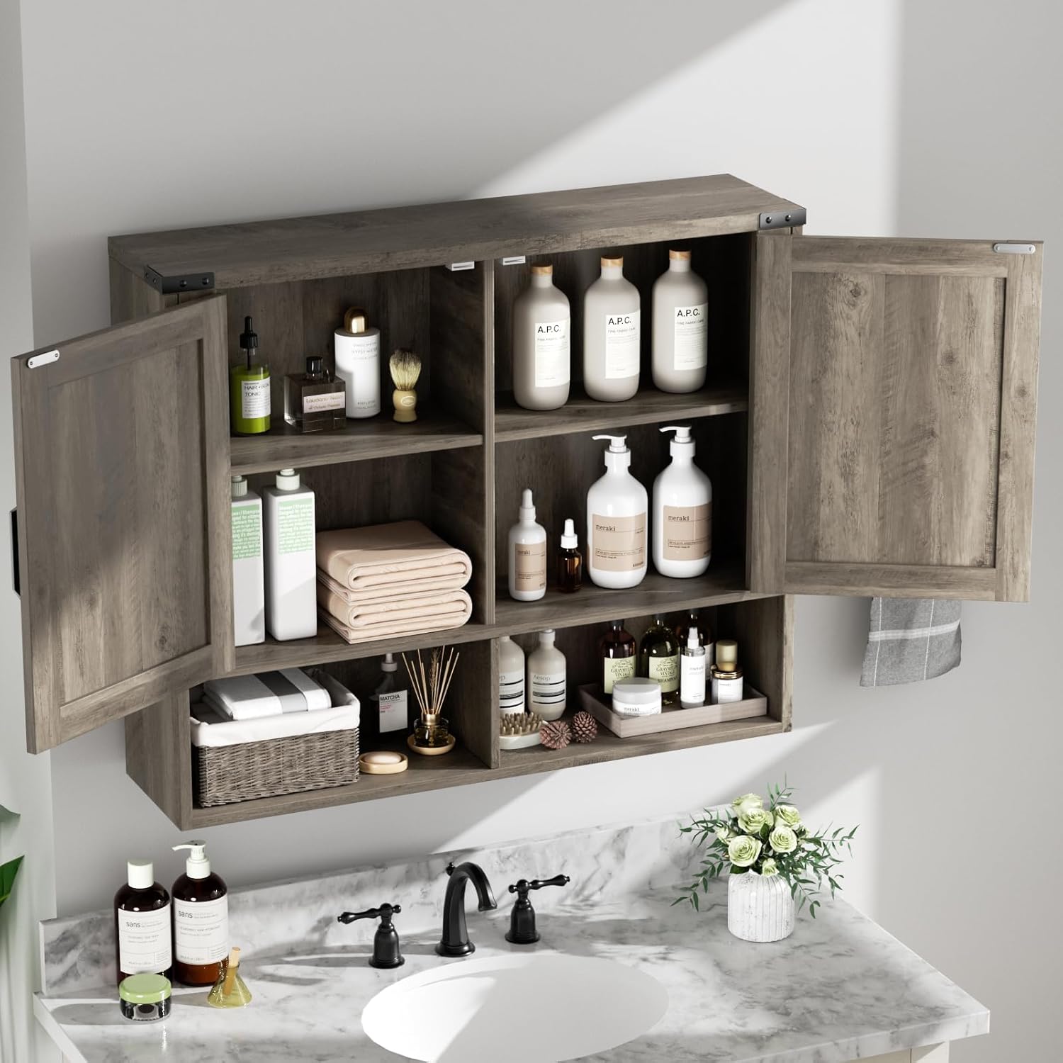 Bathroom Wall Cabinet, 31.7''x31.7'' Wall Mounted Medicine Cabinet with 2 Doors, 2 Adjustable Shelves, 2 Open Shelves, Space Saving Above Toilet Storage Cabinet for Bathroom, Kitchen,Laundry Room,Grey