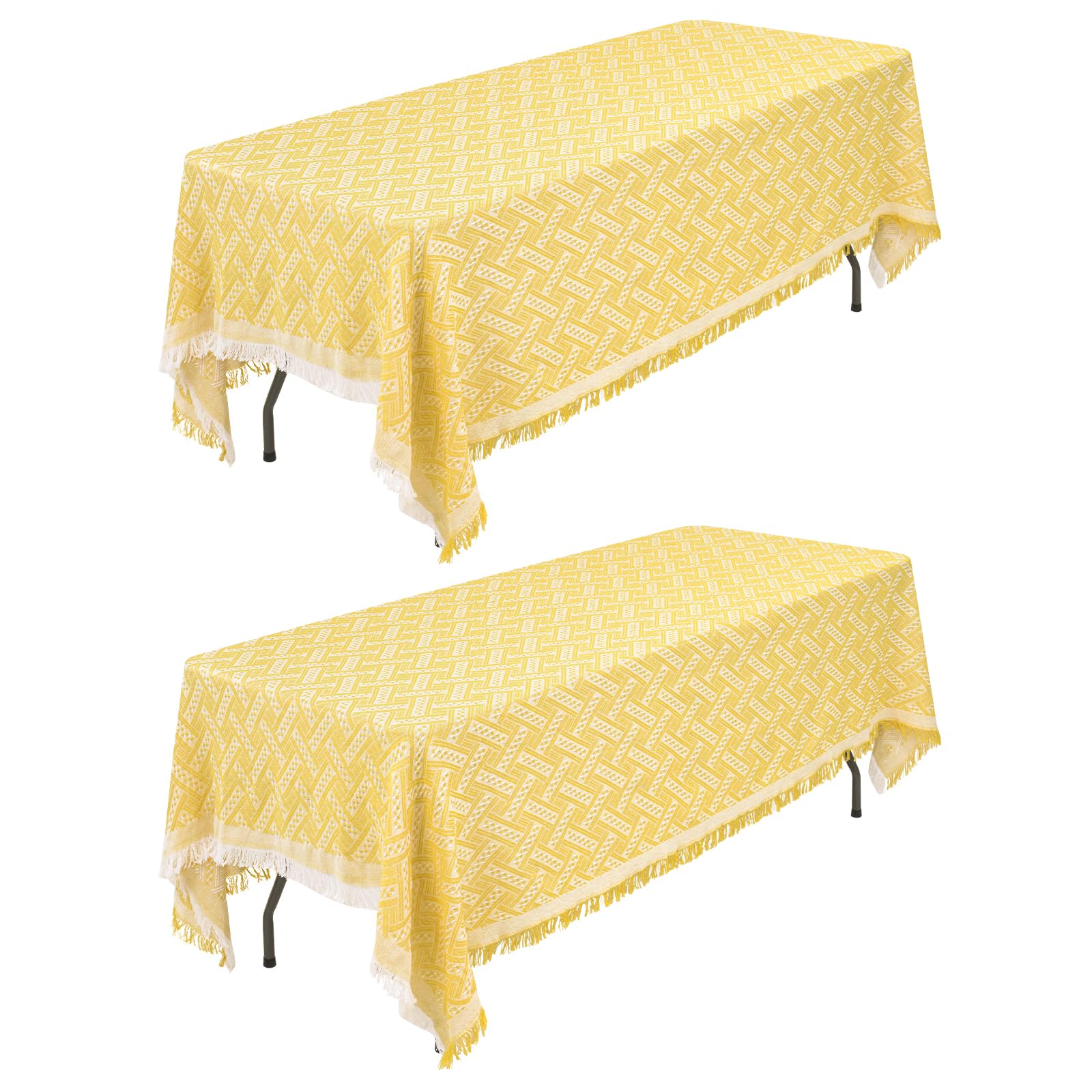 FXKS 2 Pack Yellow Tablecloths 180 x 260 cm Rectangle Table Cloth for 6 ft Table, Boho Vintage Tablecloth with Tassel, Washable Polyester Table Cloths for Outdoor Camping,Home Dinning Tabletop Decor
