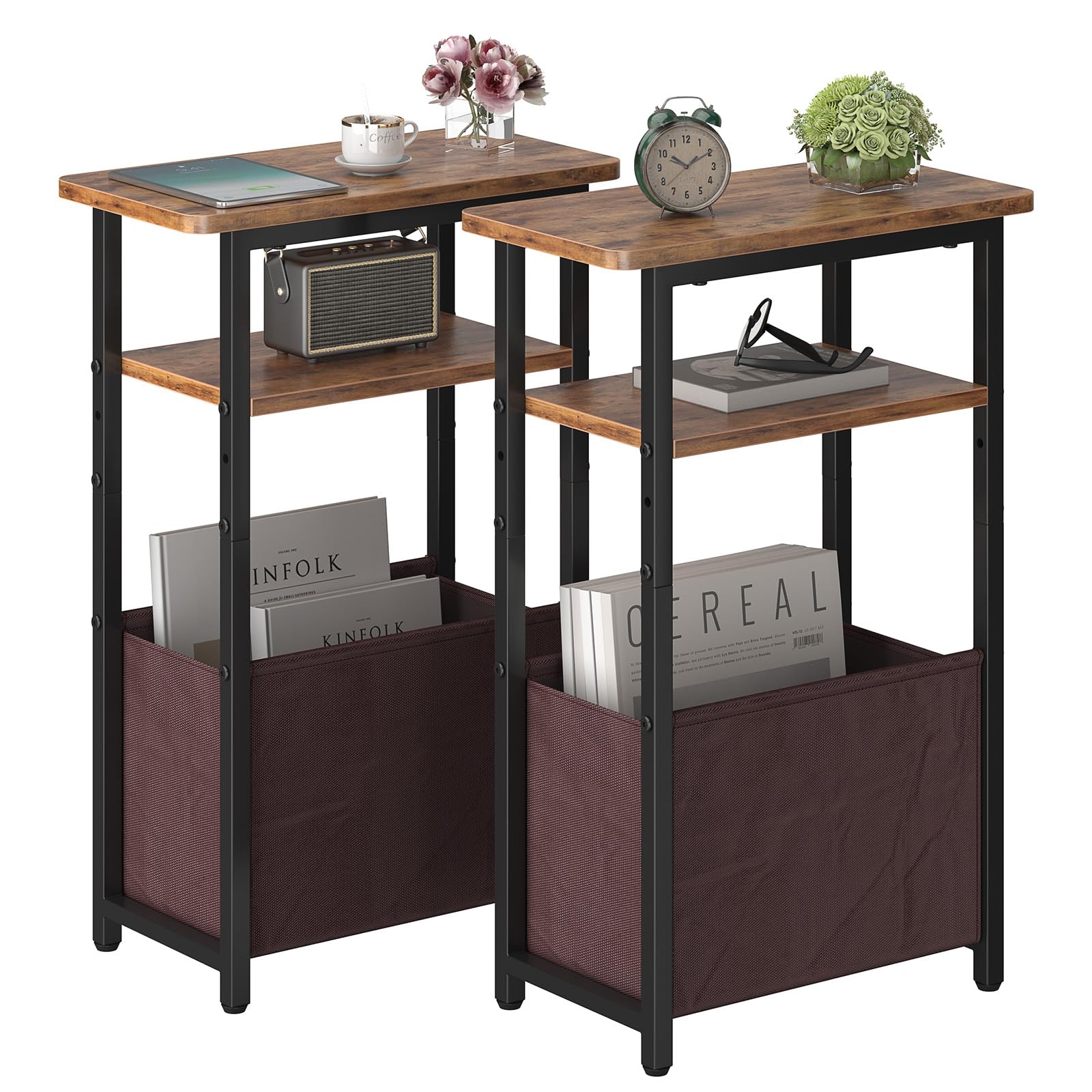 sthmec Narrow Side Table Set of 2, Skinny End Tables with Fabric Basket, Small Side Tables for Small Space,2-Tier Open Shelves with Basket, Slim Nightstands Set 2 for Bedroom,Livinroom, Rustic Brown