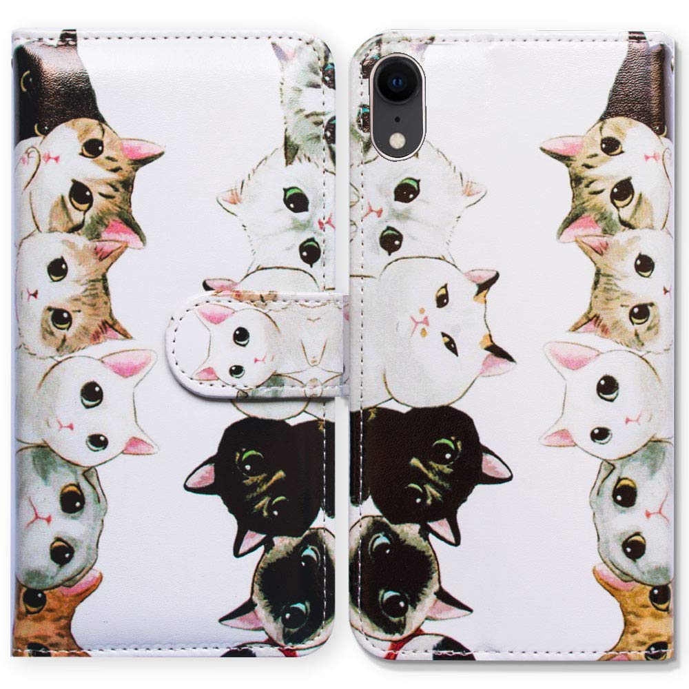 Bcov Case for iPhone XR, White Black Cute Cats Leather Flip Wallet Case Cover with Card Slot Holder Kickstand for iPhone XR Case