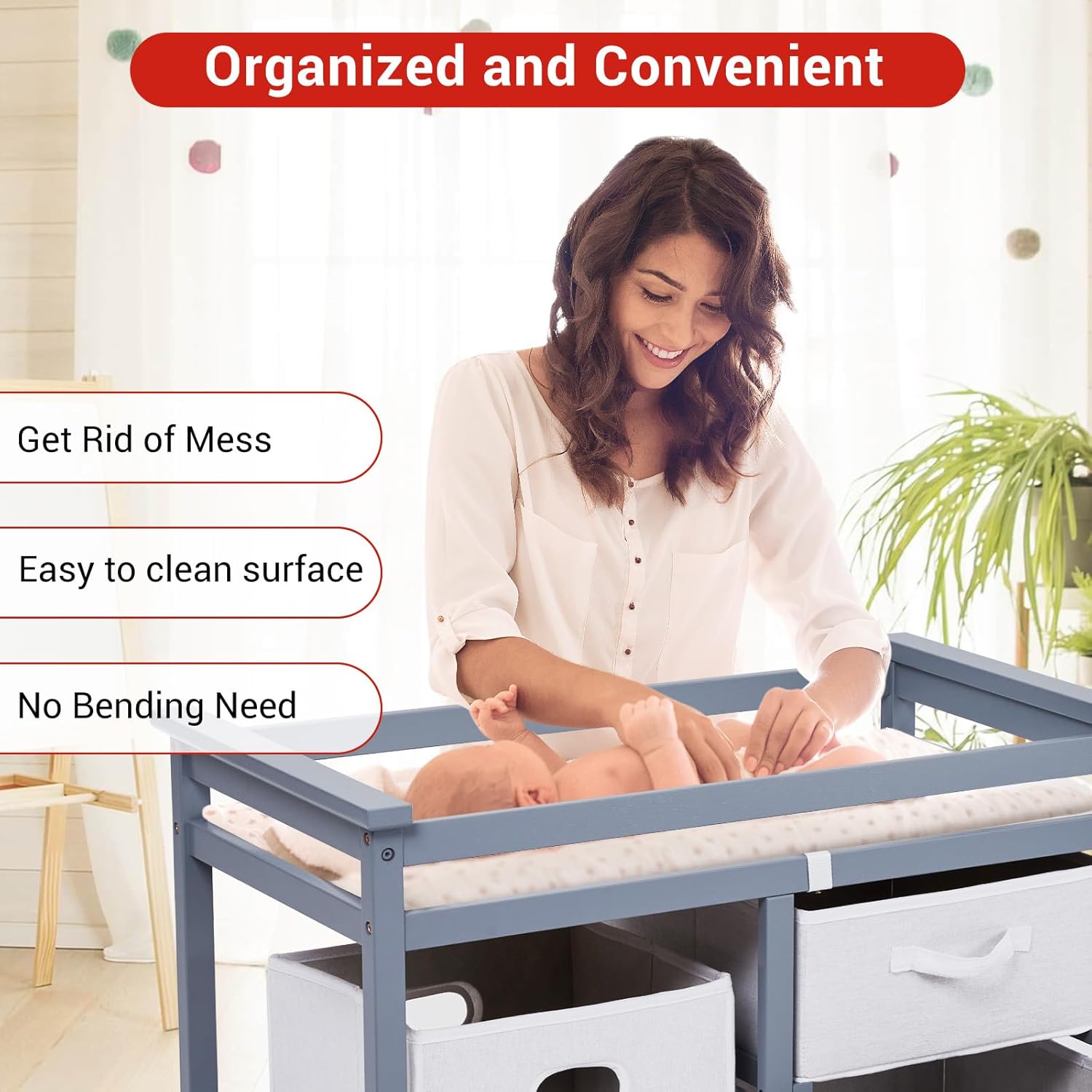 GarveeLife Wooden Baby Changing Table, Modern Diaper Changing Table, Infant Diaper Changing Station Dresser with Laundry Hamper, 3 Drawer Basket and Changing Pad
