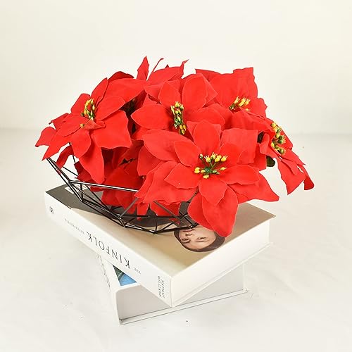 Miniatura 6 de WISTART Paquete de 8 flores artificiales de Pascua de seda, arbustos artificiales de Navidad, flores de Navidad rojas, 7 cabezas, ramo floral de