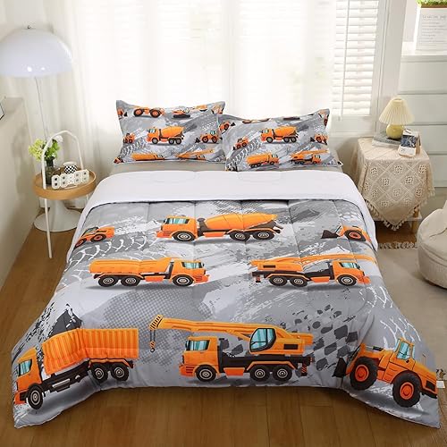 Juego de edredón de construcción para niños con diseño de camión excavadora, ropa de cama de construcción tamaño queen, edredón de camión de dibujos