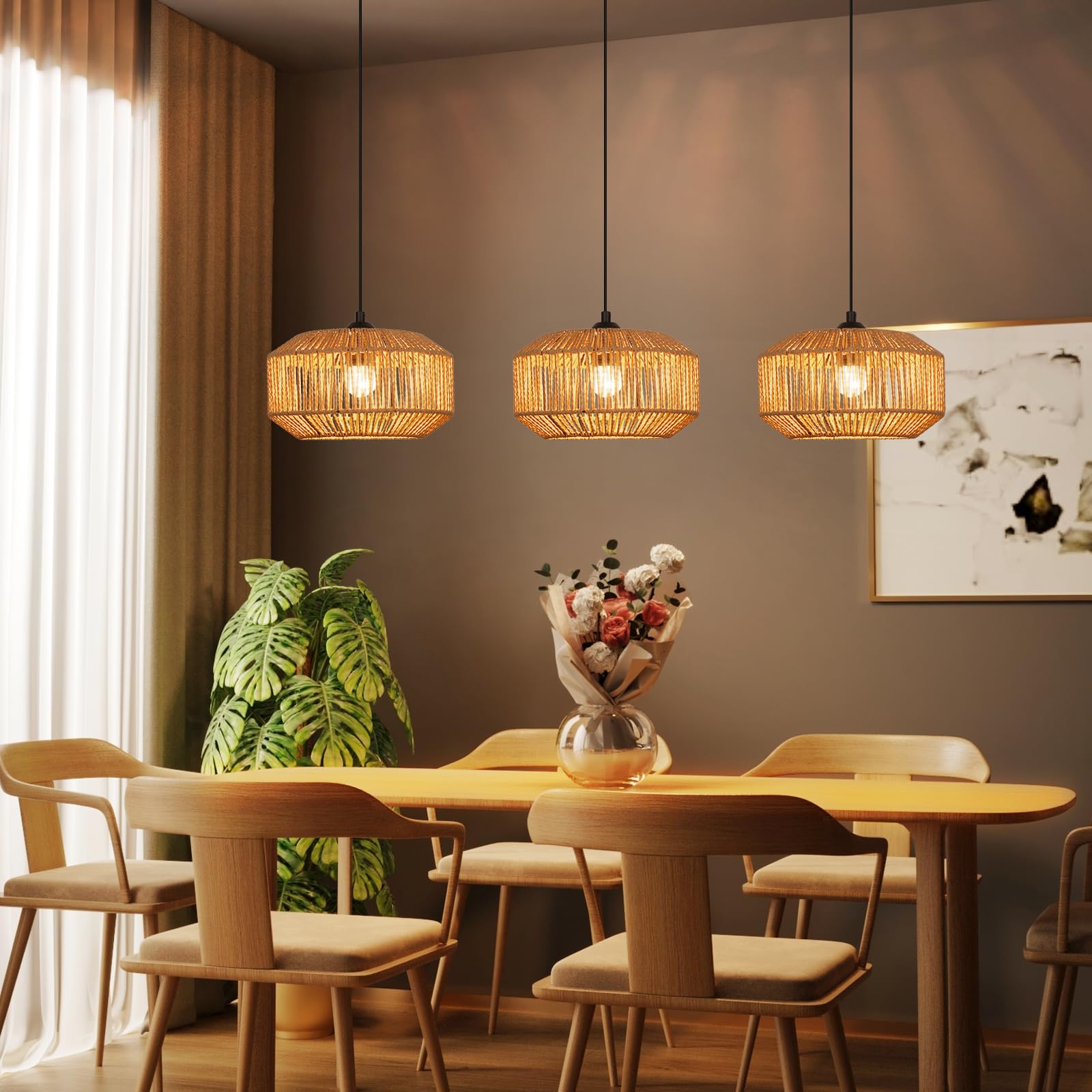 Pendelleuchte Boho Hängelampe Rattan Lampe Hängend Höhenverstellbar | Hängeleuchte Esszimmer 3 flammig Esstischlampe Retro Design mit E27 Fassung für Schlafzimmer Wohnzimmer/Ohne Leuchtmittel