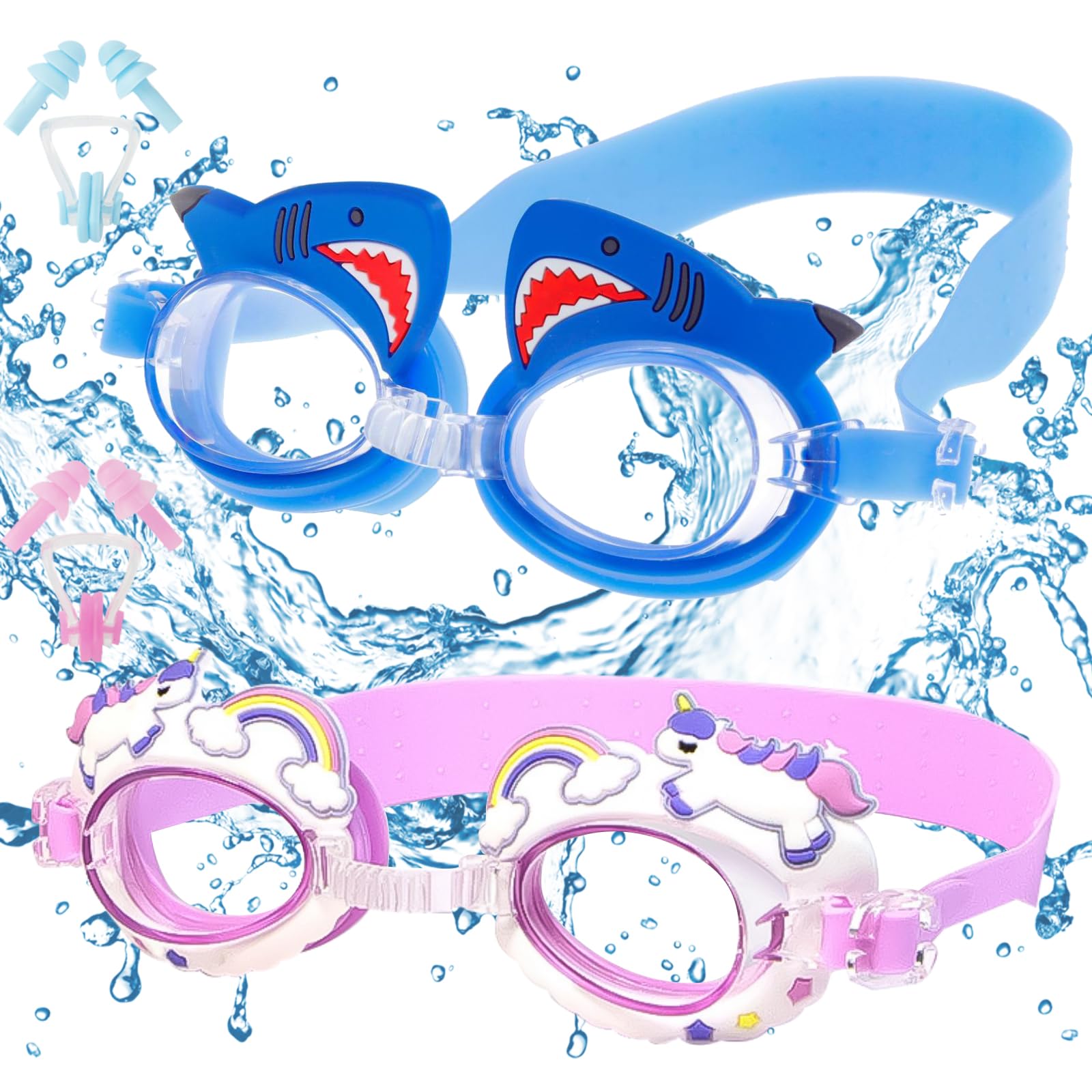 DKDDSSS Gafas de Natación para Niños, Gafas Piscina Niños, Gafas Buceo, con 2 Juego de Clip para La Nariz para Tapones Para Los Oídos, Para Niños y Niñas de 3 a 12 Años