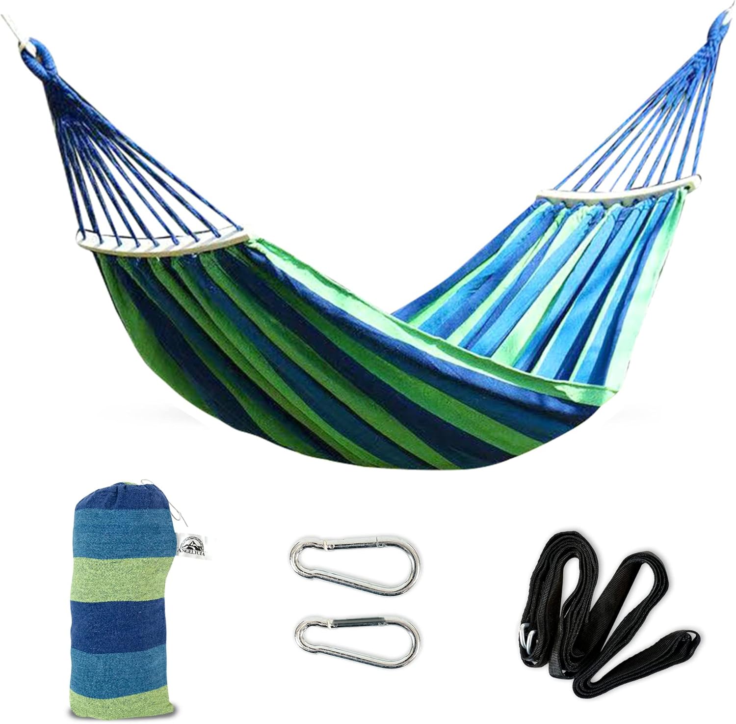 Brazilian Large Single Canvas Cotton Hammock | Weights up to 400 lb. | Indoor & Outdoor Hammock Bed for Stand, Patio, Garden, Backyard Lounging | Hammocks for Outside (Blue & Green Stripe)