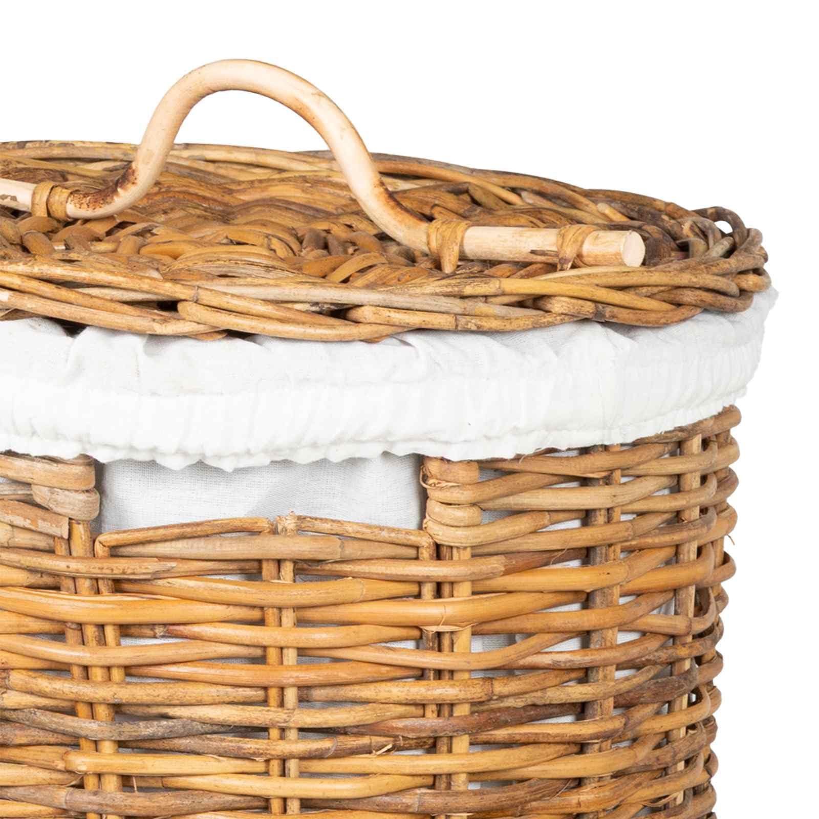Generico Wäschekorb 2 Stück Braun Rattan Kubu mit Deckel, Set mit 2 Wäschekörben aus Naturfaser mit Belacu-Stoffbezug und Griffen, Größe 42 x 60 cm