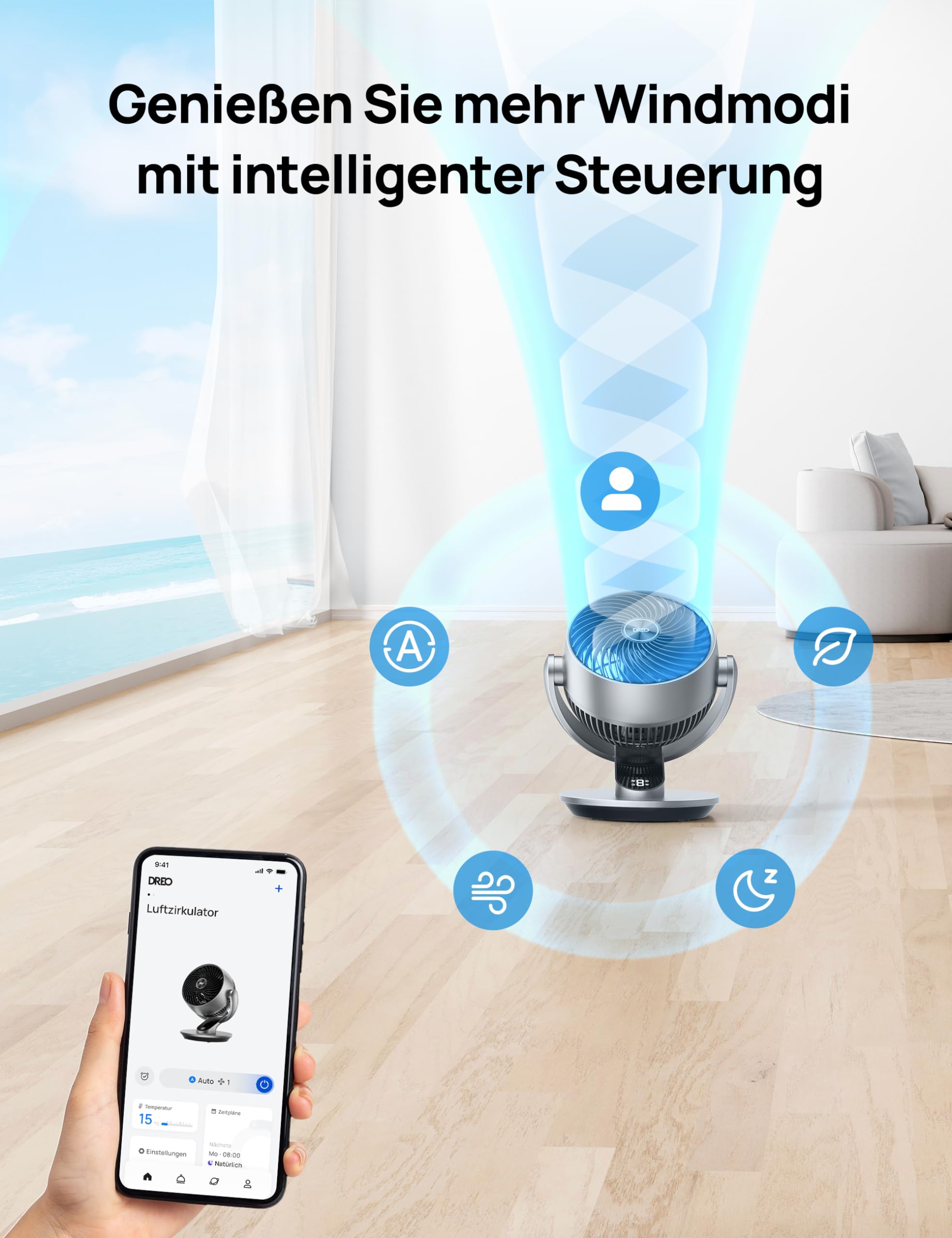 DREO 28dB Leiser Smart Tischventilator für Schlafzimmer Büro, Ventilator mit Fernbedienung Kühlung 21M Windentfernung 4-Geschwindigstufe 5 Modi 12H Timer 90° Auto 120° Manuell oszillierend, Lynx S