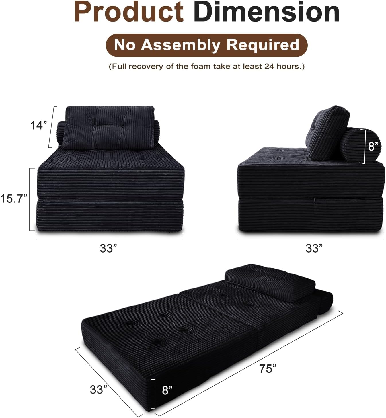 Sofa Bed Futon, Versatile Foldable Sleeper Chair with Pillow, Supportive Memory Foam, Plush Corduroy Fabric, Cozy Floor Couch, Convertible Mattress for Bedroom/Living Room/Guest/Office, Black