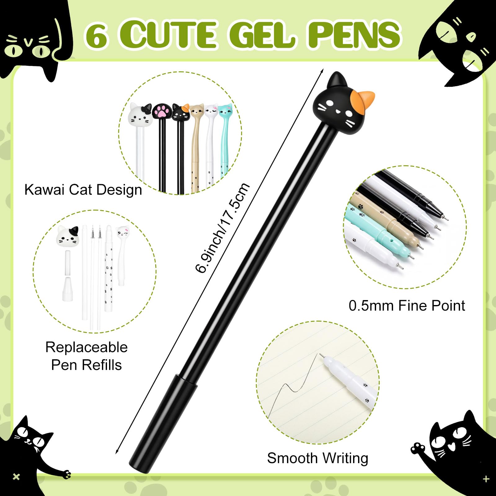 12 articoli per ufficio per gatti inclusi 6 penne Kawaii, penne da scrittura con inchiostro nero da 0,5 mm, 6 blocchetti di note adesive, 7,6 x 7,6 cm, carini autoadesivi per ufficio e scuola
