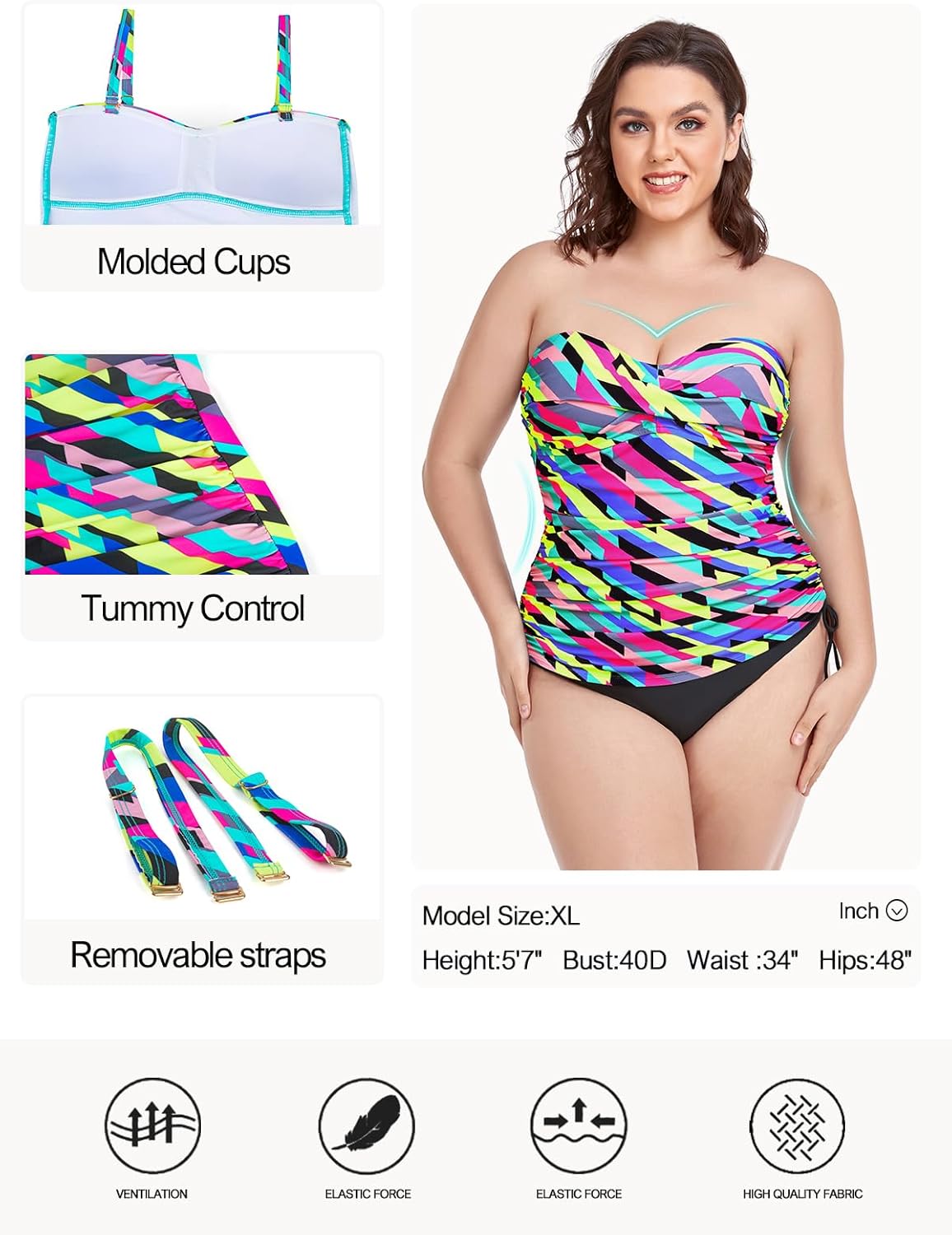 Ocean Blues Women's Strapless Bandeau Swimsuit Top Ruched Tummy Control Tankini Top Only - Image 4