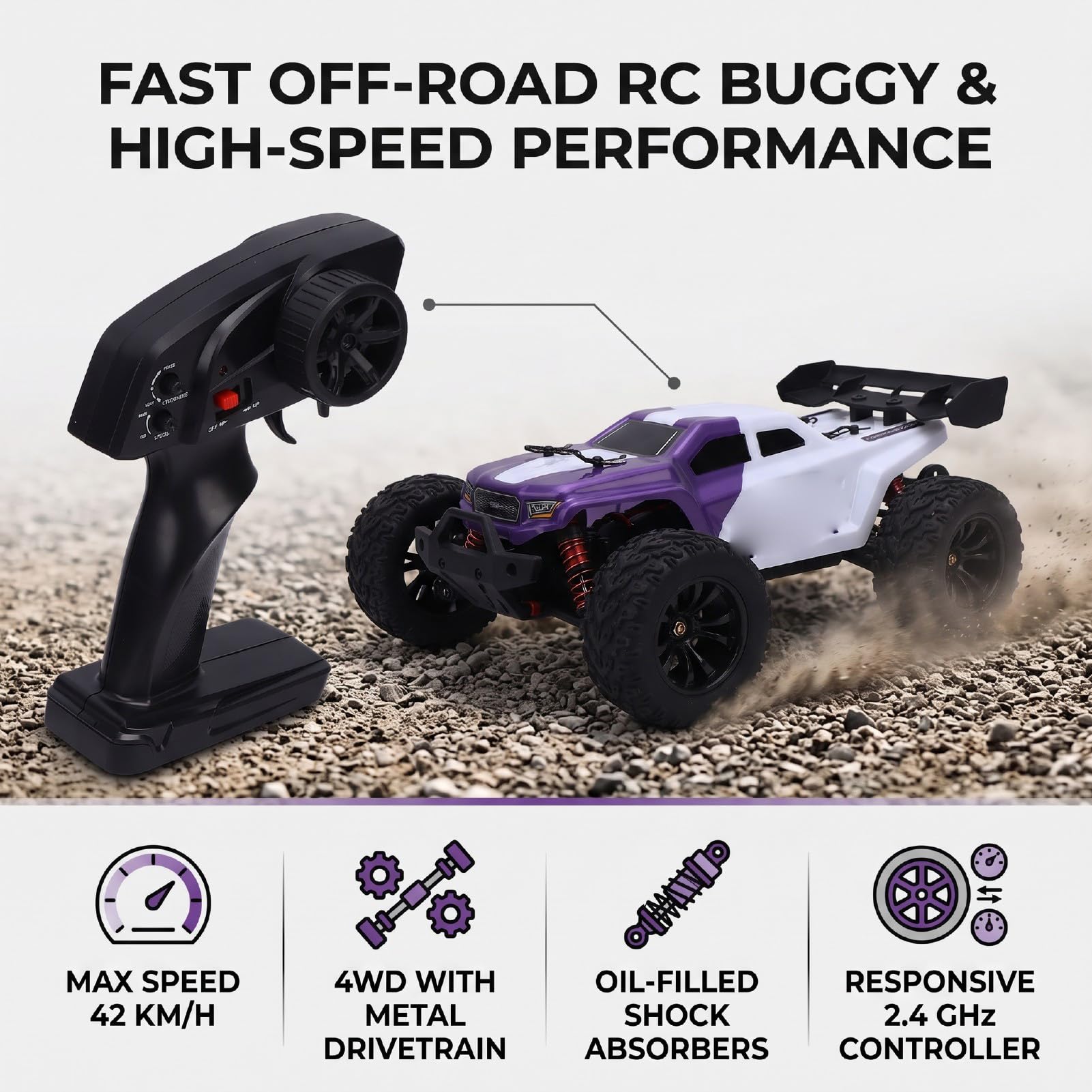 Buggy RC à L'échelle 1:14, Voiture RC Rapide 42 Km/h (Purple)