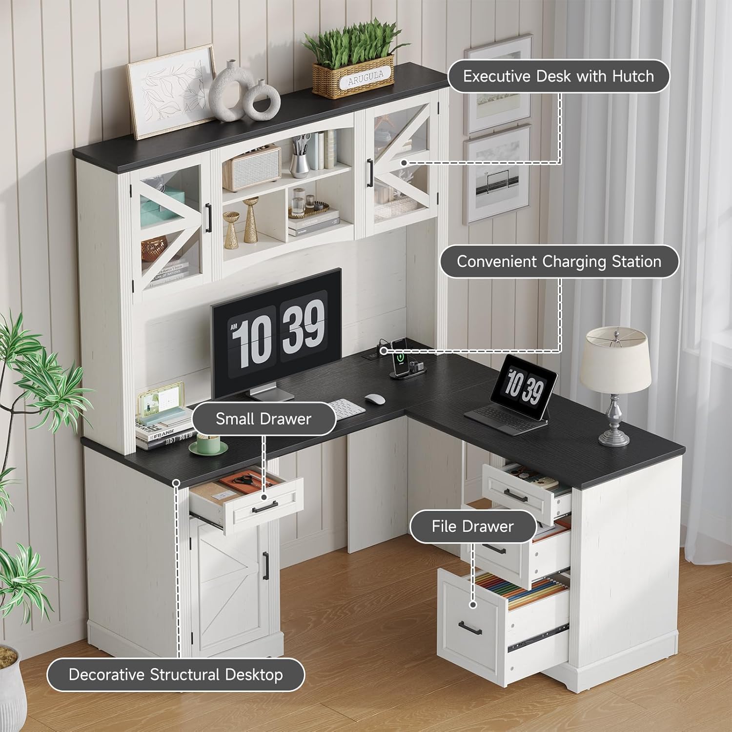 ONBRILL 72" L-Shaped Executive Desk with Hutch, Farmhouse L-Shaped Computer Desk with 4 Drawers, File Drawer and Power Outlet, Home Office Computer Desk for Living Room,Study Room (Off White& Black)