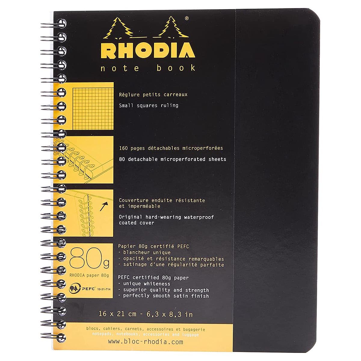 RHODIA 193429C - Spiral Notebook (Full Binding) Black Notebook - A5+ - Small Squares - 160 Detachable Pages - White Clairefontaine Paper 80 g/m - Soft and Resistant Cover - Classic