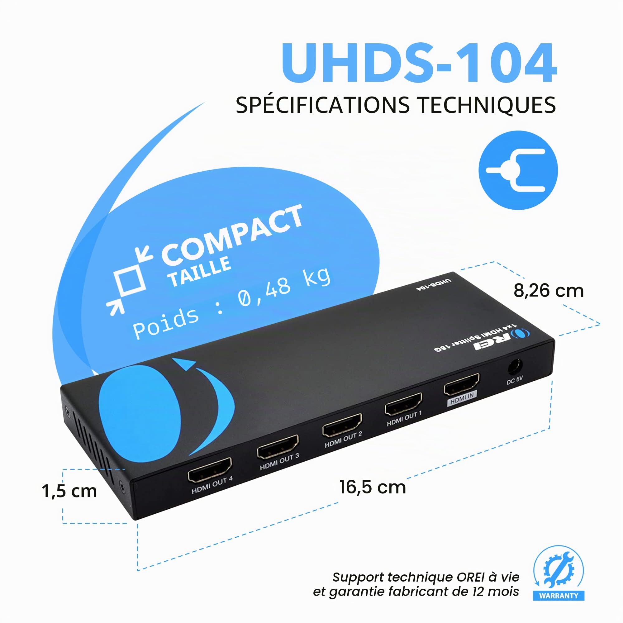 OREI UltraHD 4K @ 60Hz 1 x 4 HDMI Splitter 1 entrée 4 Sorties 4 Ports 4:8 Bits HDMI 2.0, HDCP 2.0, 18 Gbit/s, EDID, Duplicate/Miroir 4K écrans - UHDS-104