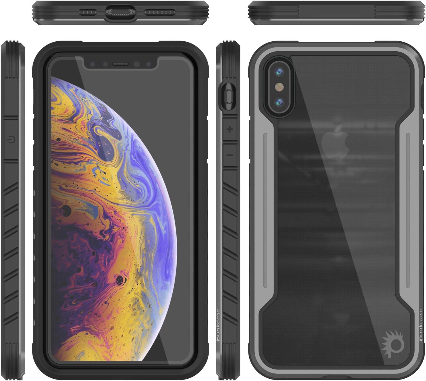 Punkcase iPhone Xs [Armor Stealth Series] Ultra Thin & Protective Military Grade Multilayer Cover W/Aluminum Frame [Clear Back] Ultimate Drop Protection for Your iPhone Xs (5.8")(2018)(Grey-Black)