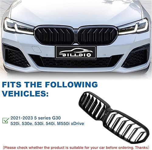 Miniatura 64 de Rejilla frontal F10 para riñón con doble listón, color negro brillante, compatible con BMW Serie 5 2010-2017, F10, F11, F18, Sedan 520i, 528i, 535d