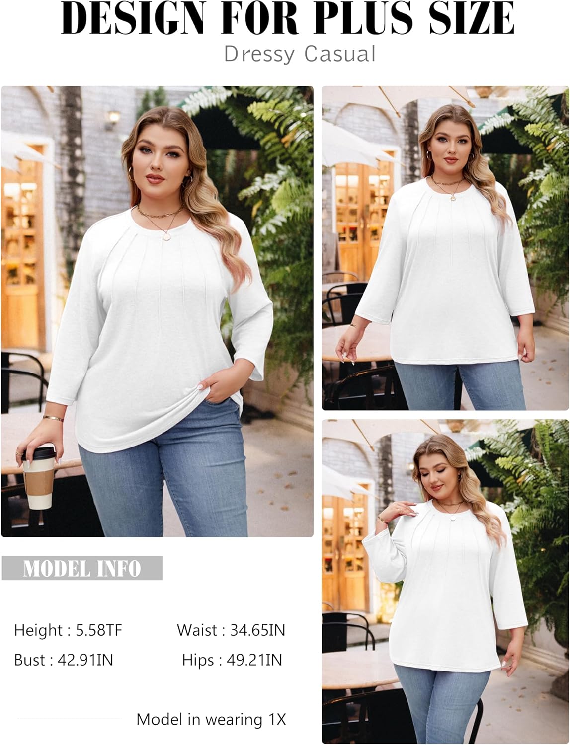 Chulianyouhuo Womens Plus Size Tops Casual 3/4 Sleeve Crewneck Pleated T Shirt Dressy Loose Tunic Blouse - Image 5