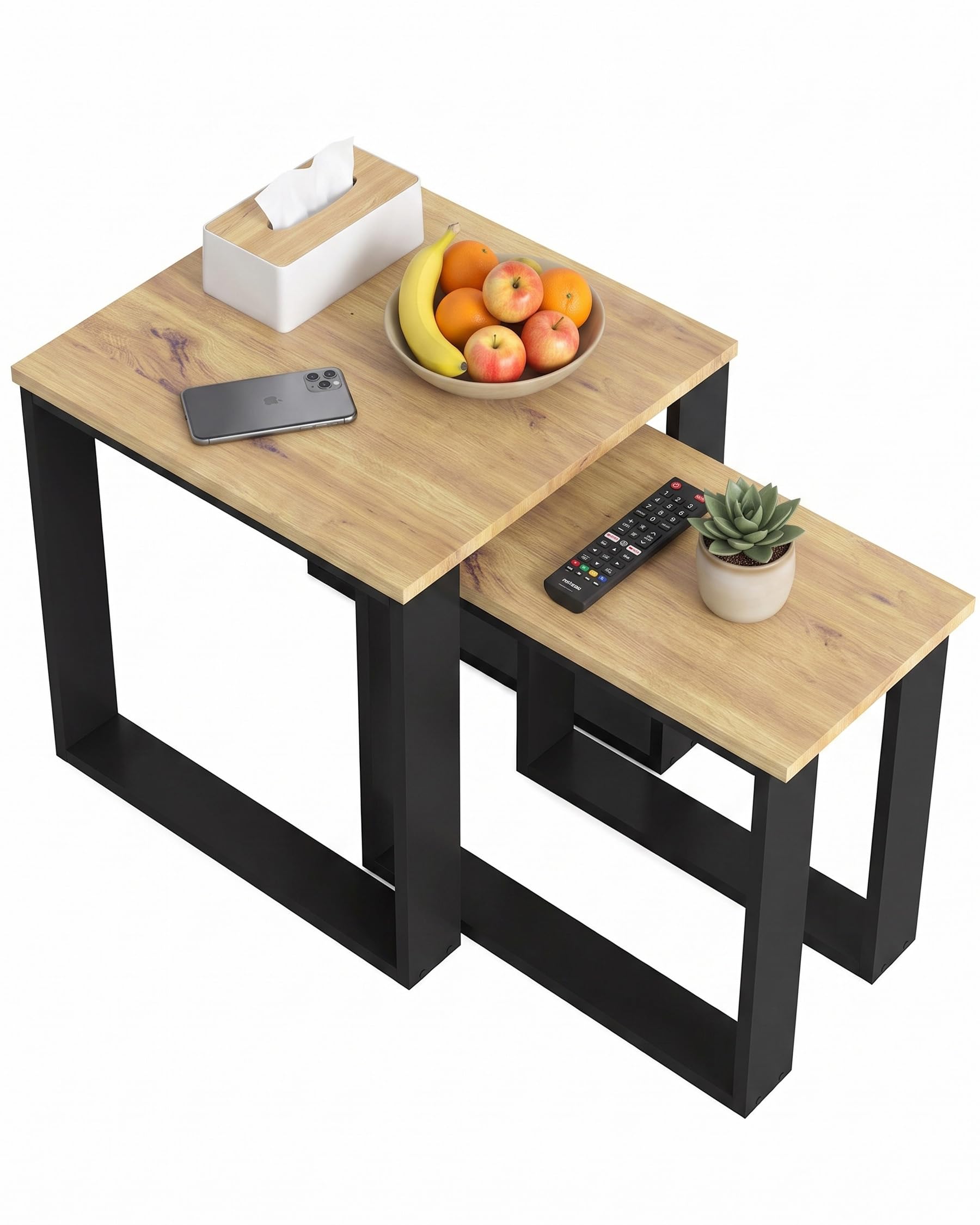 Mesa Centro Madera Cuadrada Set de 2 Mesas de Centro en 2 Tamaños, Mesa Auxiliar Negra y Madera, Mesita para Salón Moderno, Mueble Auxiliar