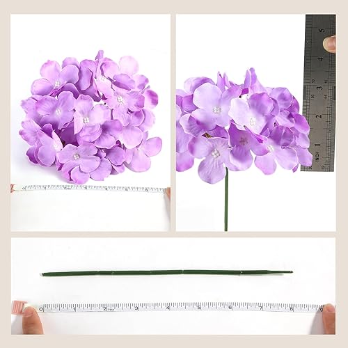 Miniatura 7 de Auihiay 26 flores artificiales de hortensias, flores de hortensias artificiales moradas, cabezas de hortensias de seda con tallos para el hogar,