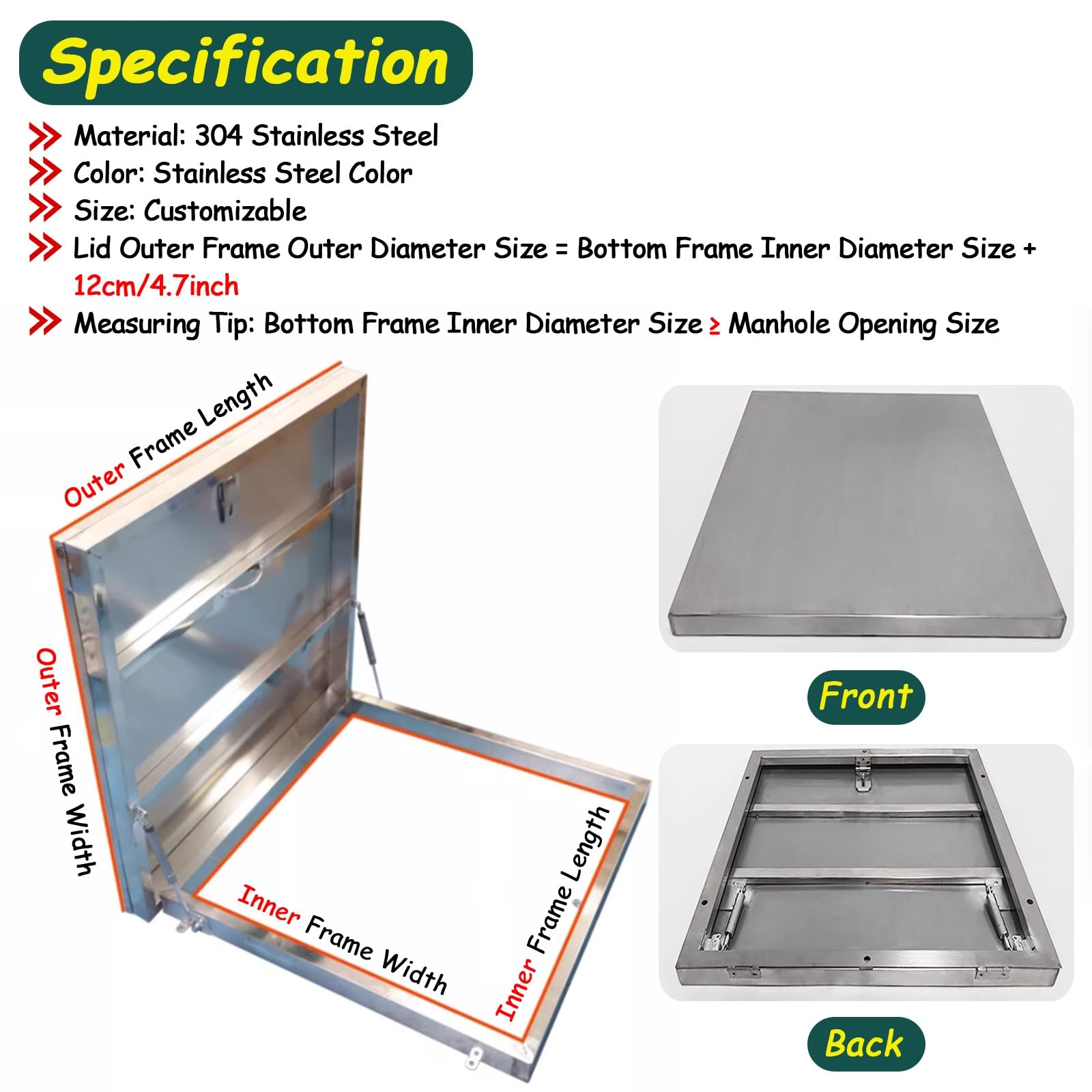 Genérico Panel de Acceso portátil de Acero Inoxidable para trampilla de Techo (12 x 12, 12 x 16, 20 x 20, 26 x 26) Incluye Tira de Sellado, amortiguadores de Gas y manija para Uso doméstico, Escolar,