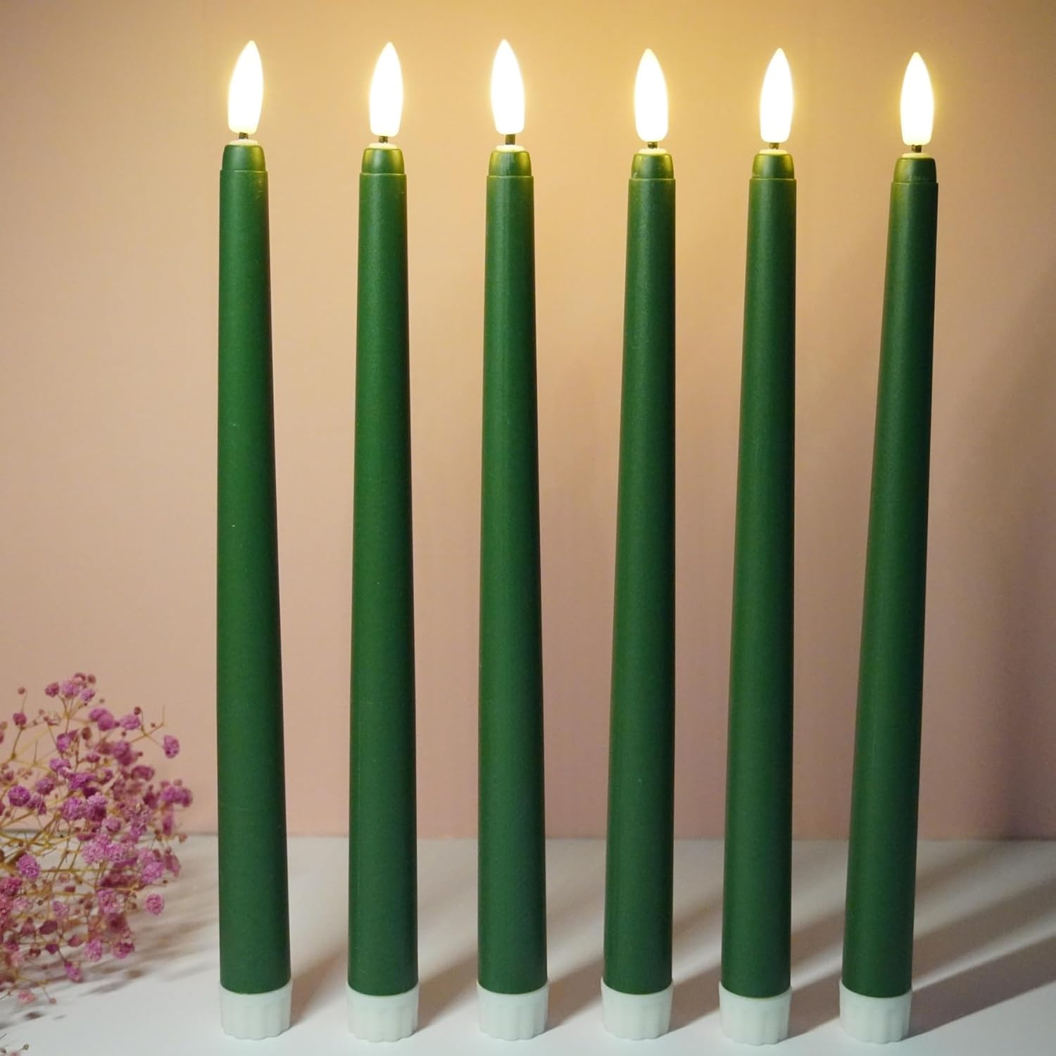 6 Pack Green Flameless Taper Candles with Remote Timer, Flickering Battery Operated LED Candlesticks Set of 6