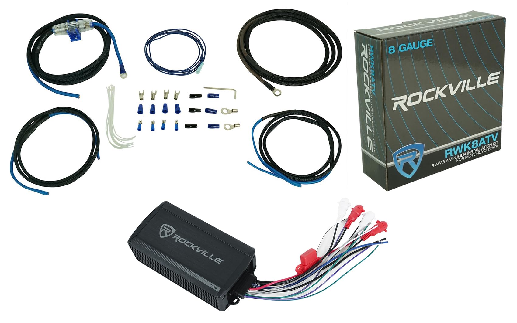 Rockville Bundle: (1) Rockville PS40 4 Channel ATV/UTV/Motorcycle Bluetooth Amplifier Bundle with (1) Rockville RWK8ATV OFC Copper 8 AWG Gauge Amp Installation Wire Kit 4 RZR/ATV/UTV (2 Items)