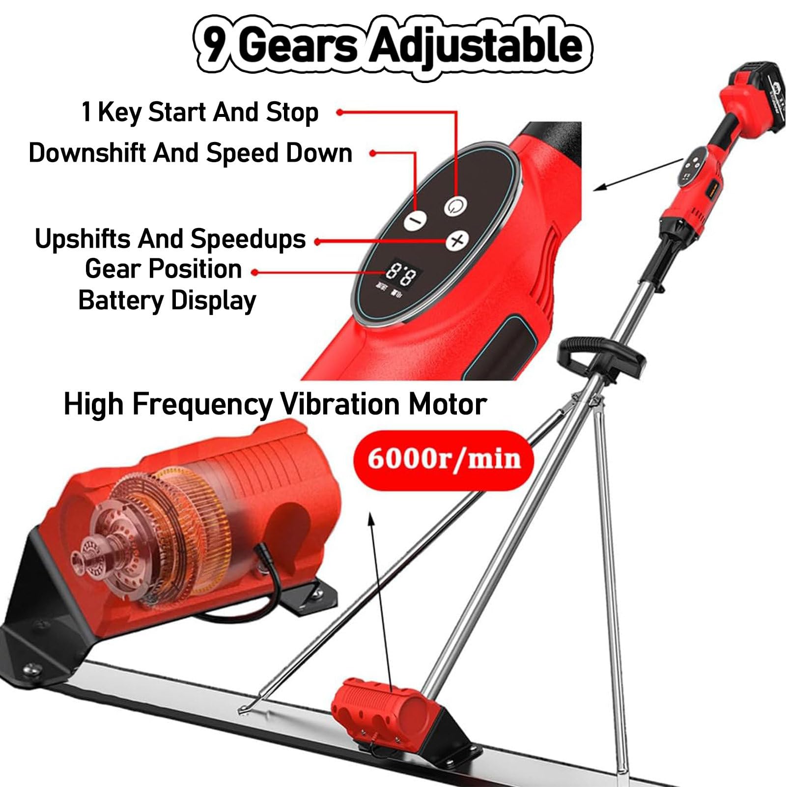 Massetto per Calcestruzzo, Vibratore Elettrico per Calcestruzzo con Motore Senza Spazzole, Batteria al Litio Livellatrice Vibrante per Cemento, Livellatrice per Calcestruzzo,1.5M-2Xbattery