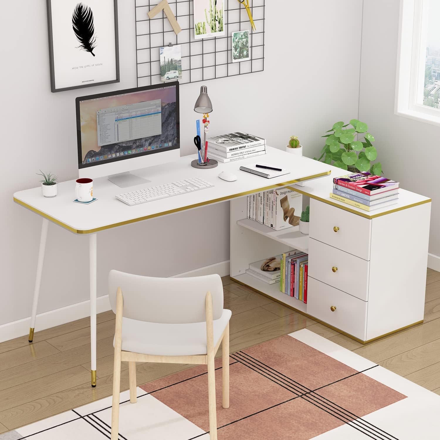 Homsee Home Office Computer Desk Corner Desk with 3 Drawers