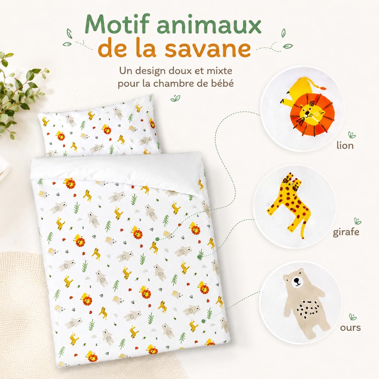 various Parure de Lit Bébé 90 x 120 cm, Motif Leo | Taie 40 x 60 cm,100 % Coton avec Fermeture Éclair, pour Lit 60 x 120 cm
