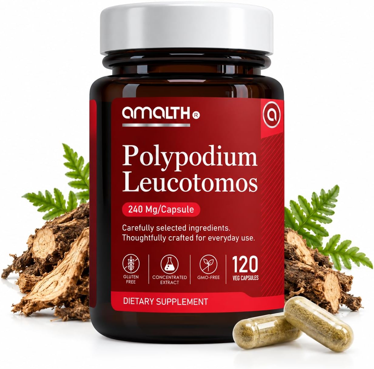 AMALTH Polypodium Leucotomos Capsules 240 mg | Polypodium Leucotomos Extract Supplement | Skin Support & Antioxidant Formula | Sun Support Herbal Supplement | Plant Based | Non-GMO | 120 Veg Capsules