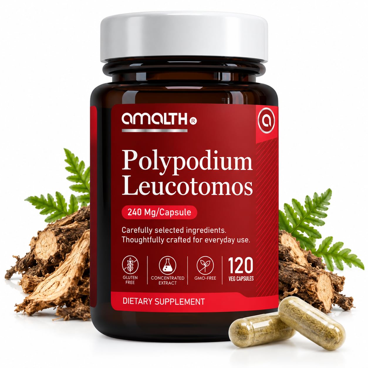 AMALTH Polypodium Leucotomos Capsules 240 mg | Polypodium Leucotomos Extract Supplement | Skin Support & Antioxidant Formula | Sun Support Herbal Supplement | Plant Based | Non-GMO | 120 Veg Capsules
