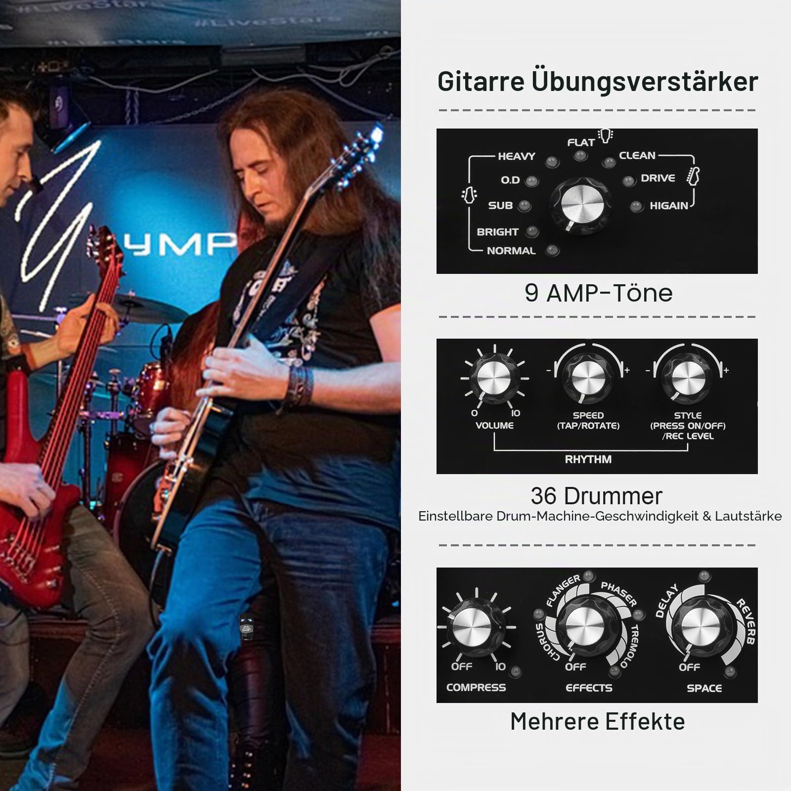 JOYO 15 W Tragbarer Bassverstärker – 9 Verstärkermodelle + 6 Effekte (Modulation, Looper&Rhythmusmaschine) | Wiederaufladbarer Akku | Digitale Modellierung | zum Üben und für kleine Konzerte (DC-15B)