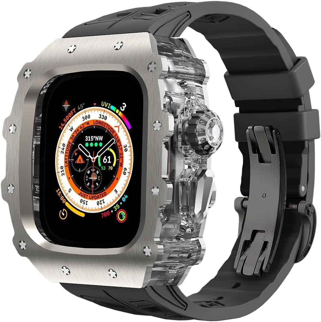 Rugged Rm Titanium Watch Case Rubber Band，For Apple Watch Ultra 2 49mm 45mm 44mm，Men Clear Bezel Sport Watch Strap Stainless Steel Case，For Iwatch 9/8/7/6/5/4/SE Accessories