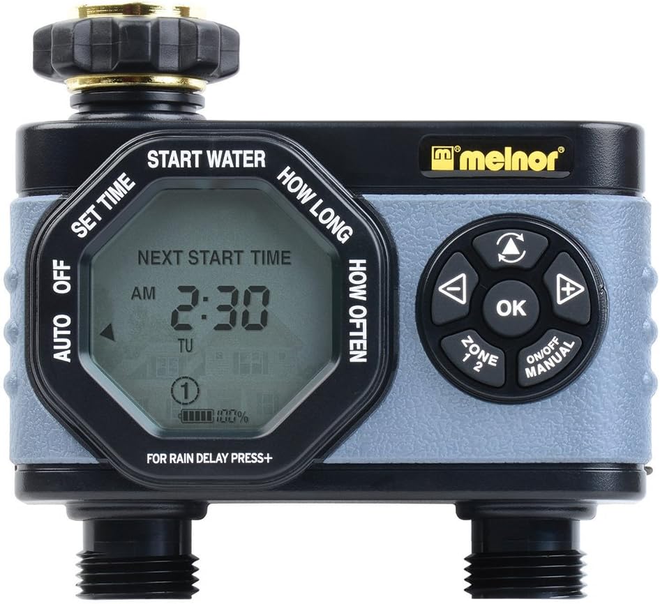 Melnor 53100 2-Outlet Digital Water Timer, Simple and Flexible Programming, Easy Manual Override, Independent Start Time for Each Valve