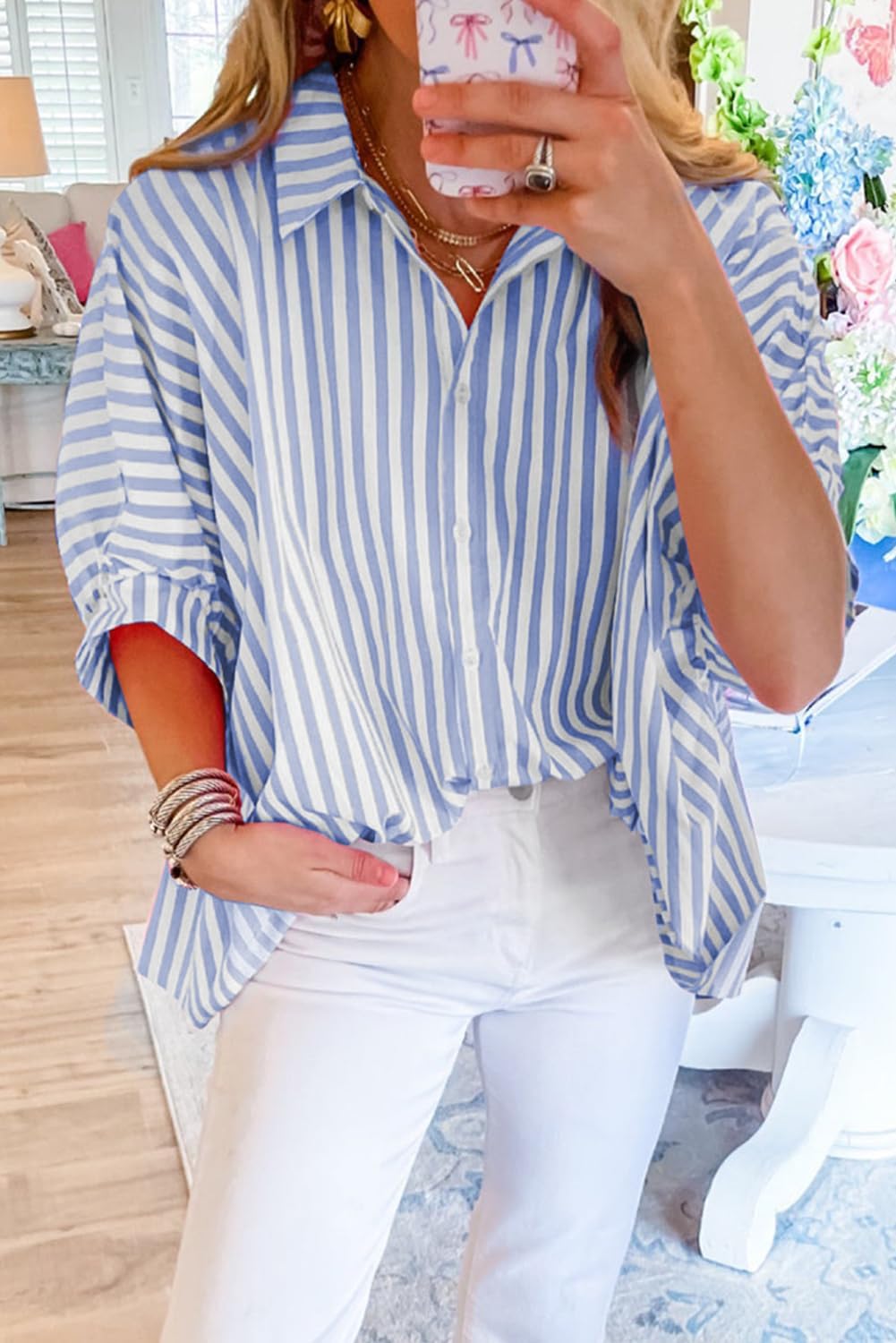Women 2025 Summer Stripe Dolman Sleeve V Neck Oversize Shirt Tops Casual Button Up Short Sleeve Striped Blouse - Image 2