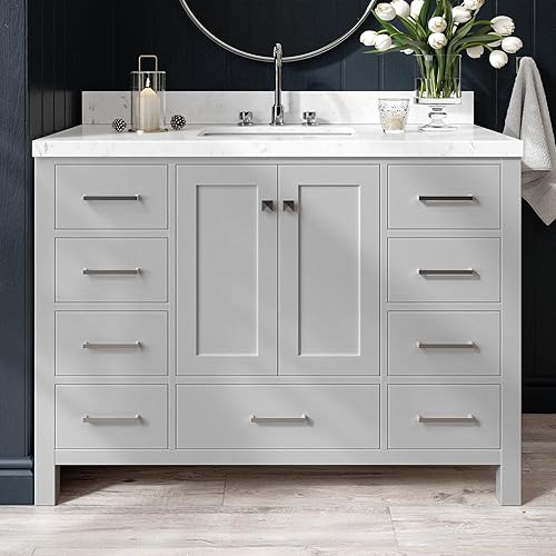 ARIEL Cambridge 48-inch Bathroom Vanity with Sink,Solid Wood, 1.5-inch Carrara White Quartz Countertop, Single Rectangular Porcelain Sink, 2 Soft Closing Doors, 9 Dovetail Drawers, Grey