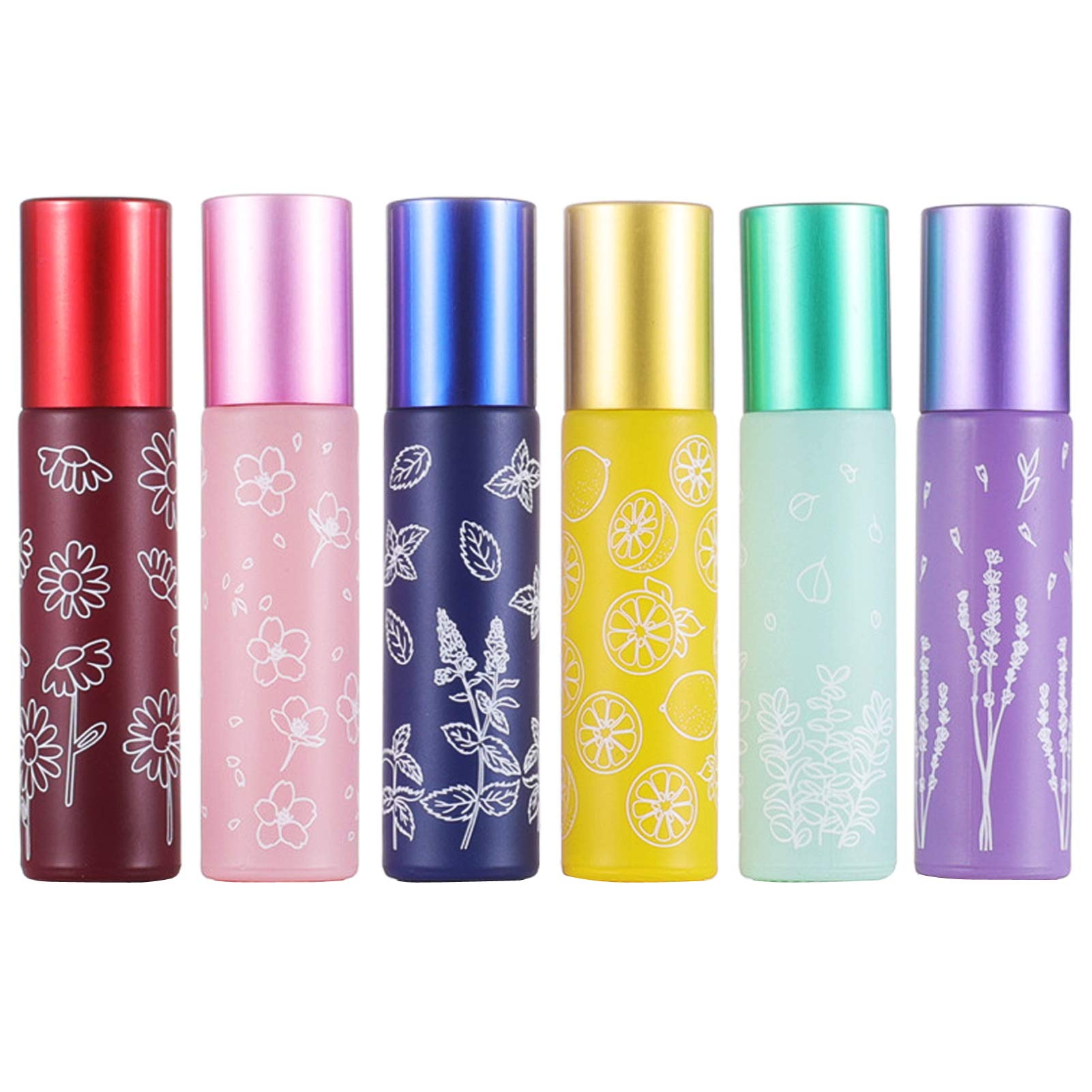 6Pcs, 10ml Essential Oil Roller Bottles Refillable Empty Colorful Printed Frosted Glass Roll on Bottle Clear Roll Bottles with Stainless Steel Roller Balls, Include 1 Dropper & Opener
