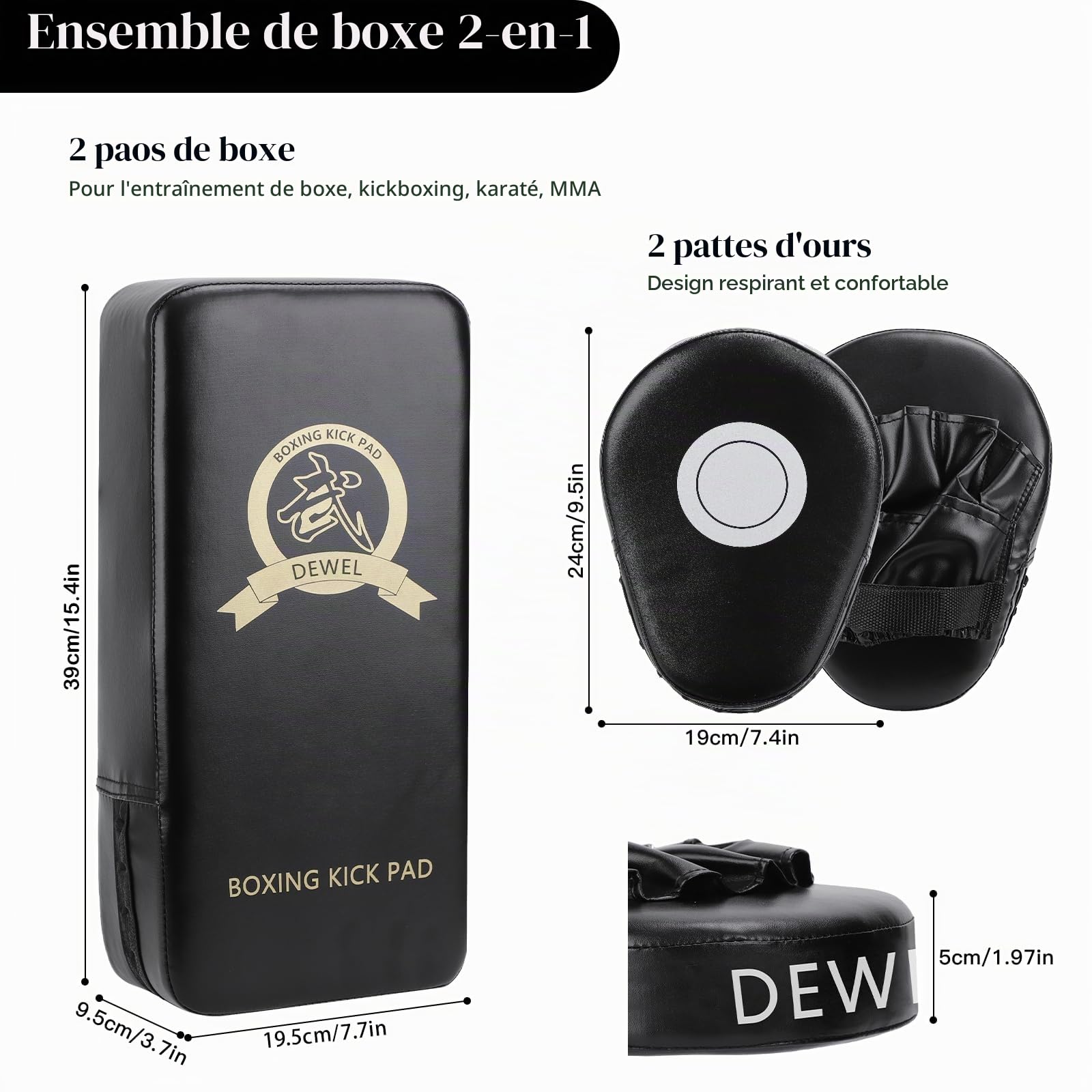 DEWEL Bouclier de Frappe en Cuir PU et 1 Paire de Pattes d'ours Boxe en Cuir pour MMA Entraînement, Arts Martiaux, Taekwondo, Sports de Combat